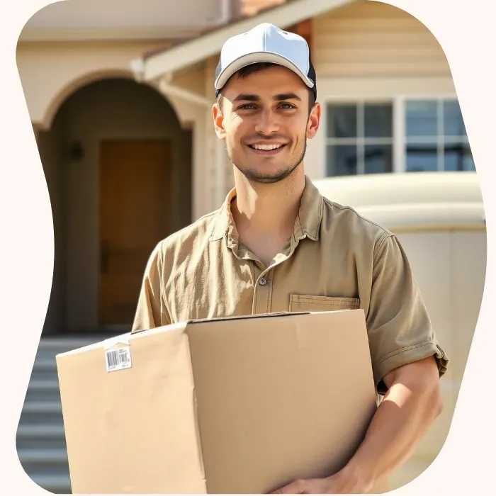 Two removalists moving boxes up stairs