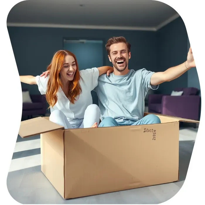 Two guys sitting on the floor of their apartment with Muval moving boxes